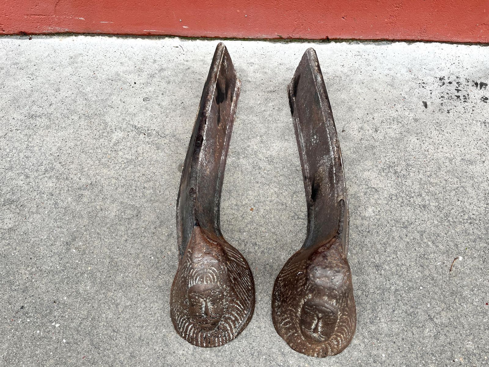 Pair Of Modernist Anthropomorphic Fireplace Andirons, 1950s Antique Firedogs, Vintage Cast Iron Folk Art Andirons photo for sale