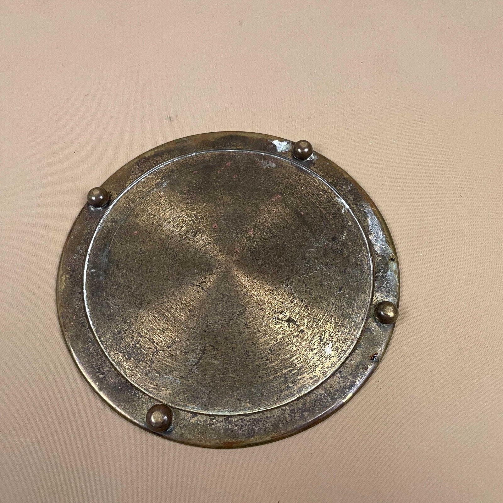 Antique Metal Gold Indian Patterned Brass Tray 16.5cm Plate Asian Handmade Etched Intricate Decorative Patterned Round Vintage Plant Stand photo vinterior