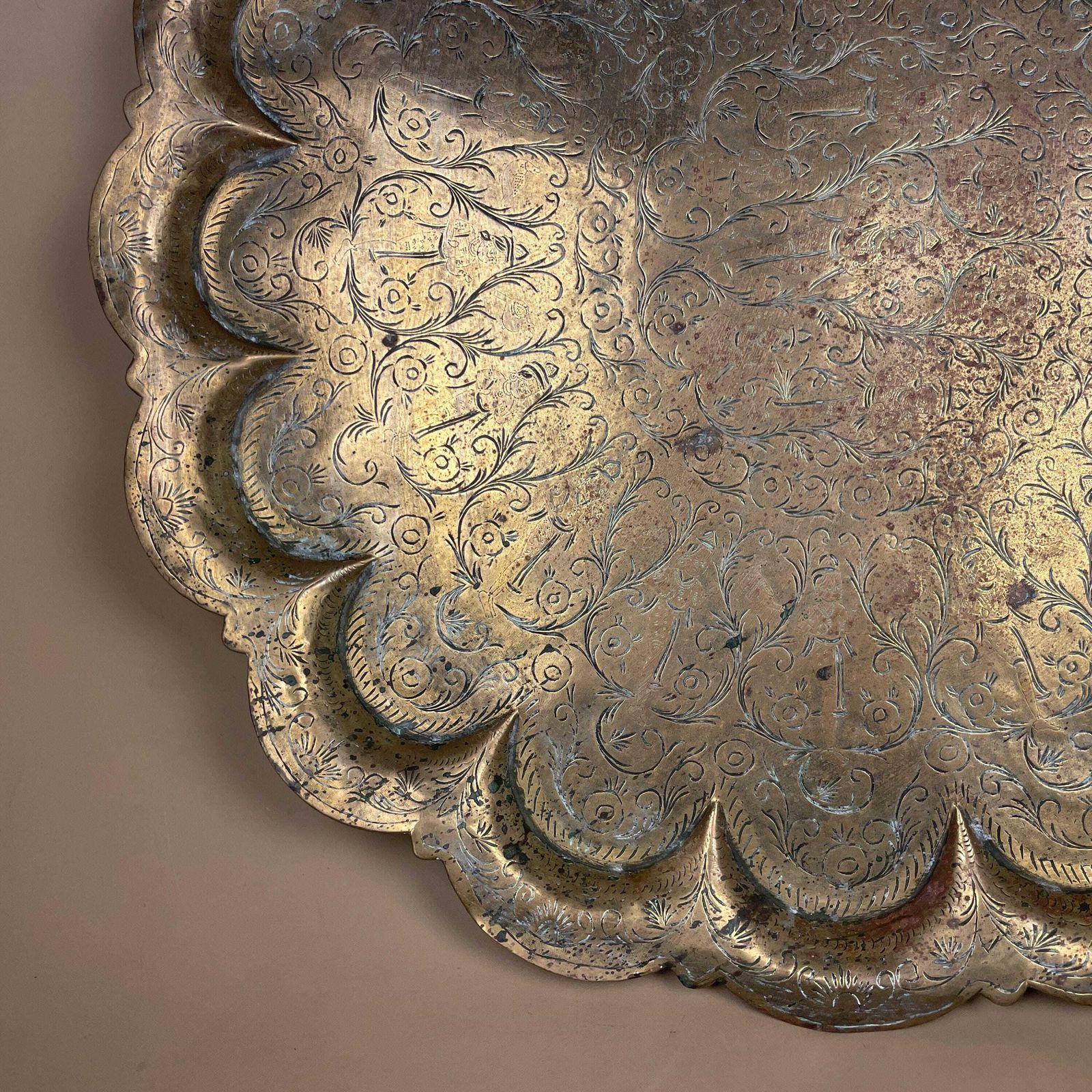 Antique Indian Gold Brass Tea Tray 59cm Large Decorative Circle Round Handmade Etched Intricate Vintage Antique Patterned Metal Circular photo furniture