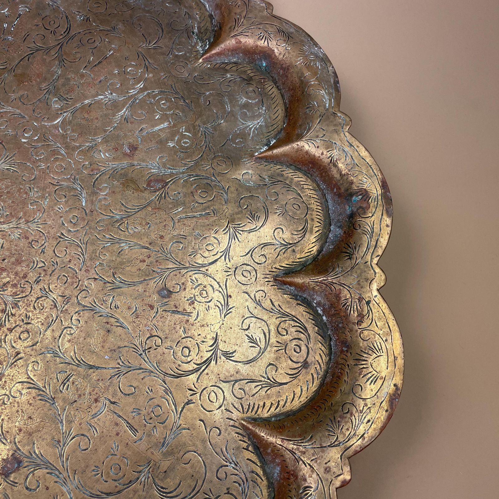 Antique Indian Gold Brass Tea Tray 59cm Large Decorative Circle Round Handmade Etched Intricate Vintage Antique Patterned Metal Circular photo vintage