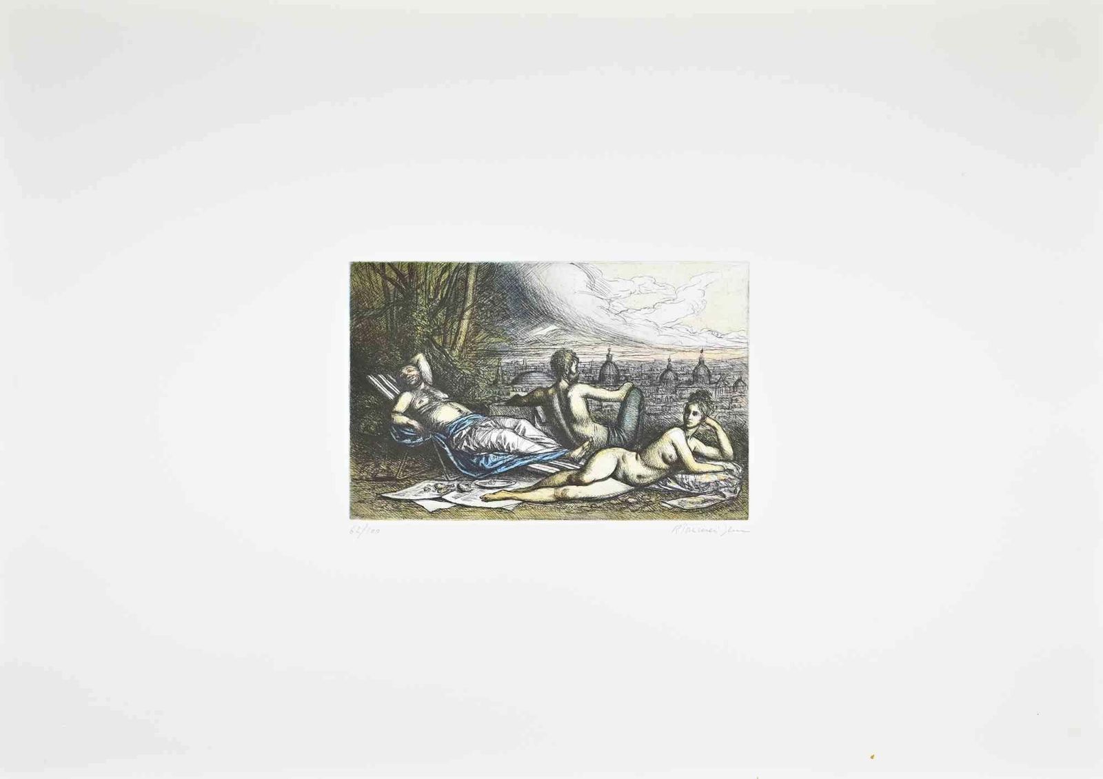Riccardo Tommasi Ferroni Relaxing Time With View Of Rome   Etching By Tommasi Ferroni   1970s 1970s