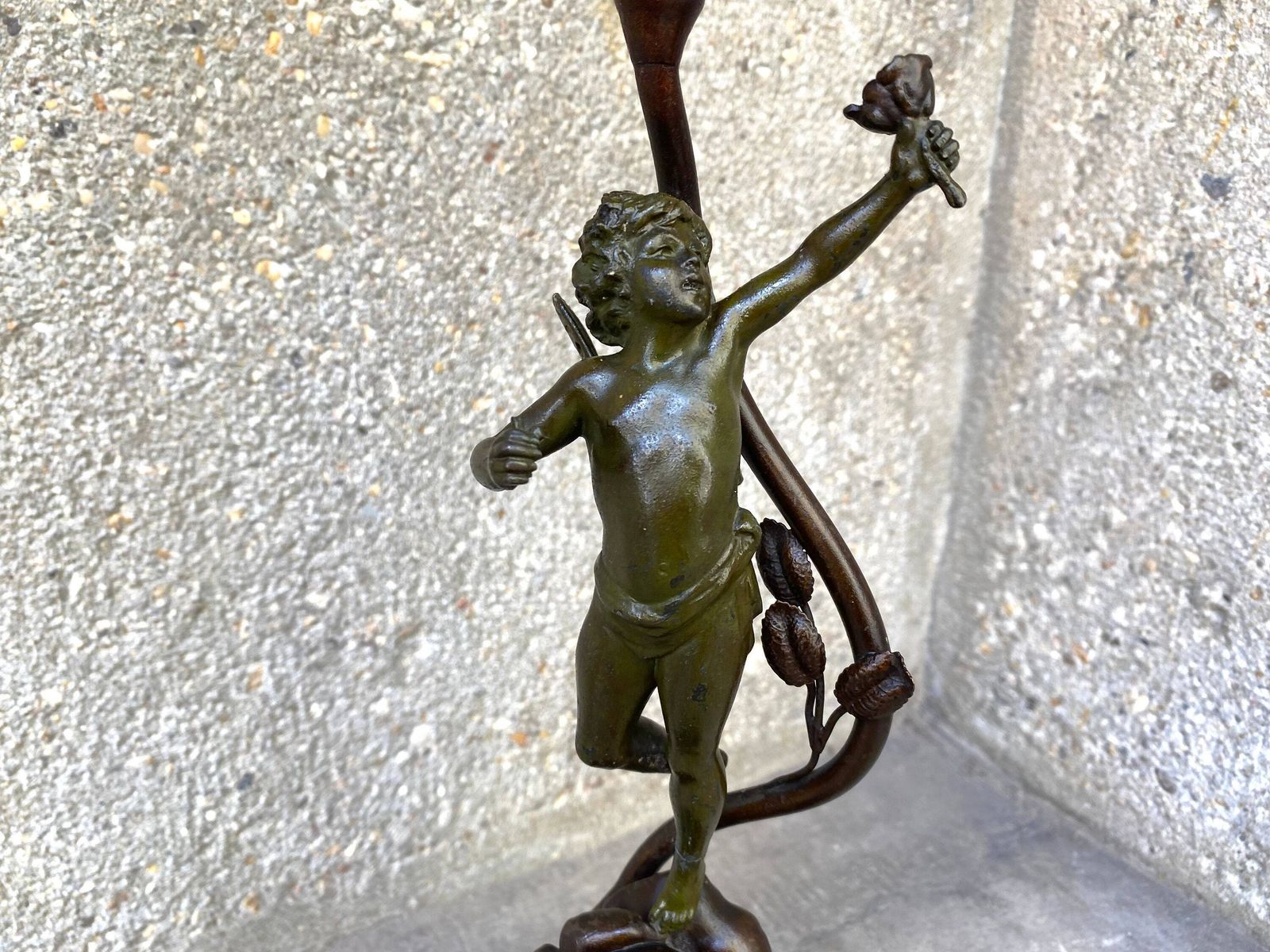 Antique Cherub Lamp In Spelter And Marble From 30s, French Putti Lighting Named "Winning Butterfly" photo for sale