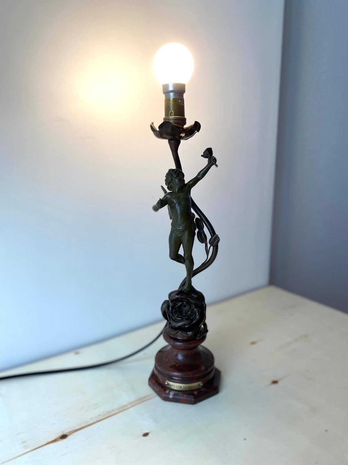 Lighting Antique Cherub Lamp In Spelter And Marble From 30s, French Putti Lighting Named "Winning Butterfly" photo