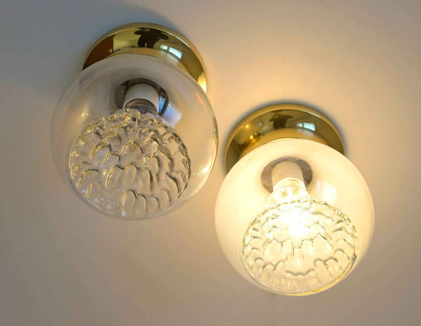 Pair Of Vintage Sconces / Murano Mazzega Hand Blown Glass / Brass Light Fixtures / Flush Mount Lamps photo for sale