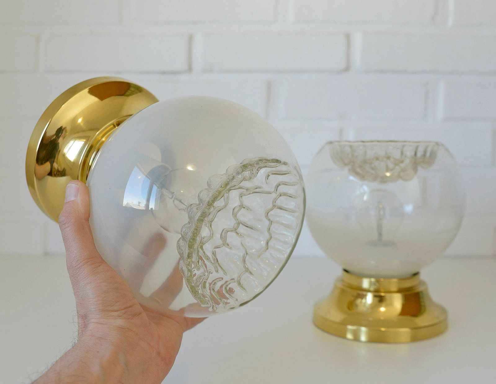 Pair Of Vintage Sconces / Murano Mazzega Hand Blown Glass / Brass Light Fixtures / Flush Mount Lamps photo vintage