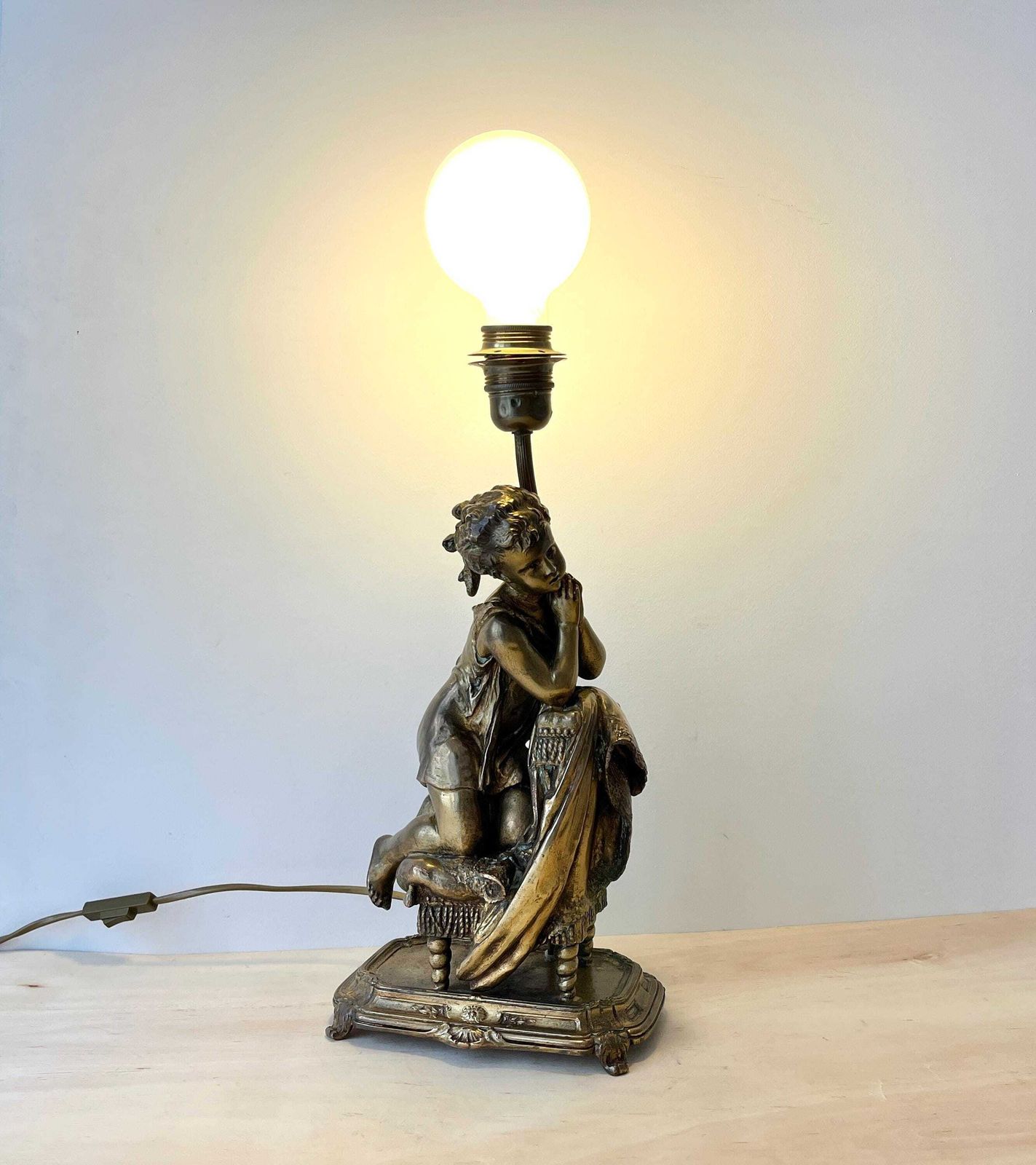 Antique Bronze Lamp " The Little Girl On A Prayer Chair" From 1900s, French Precious Lighting photo furniture