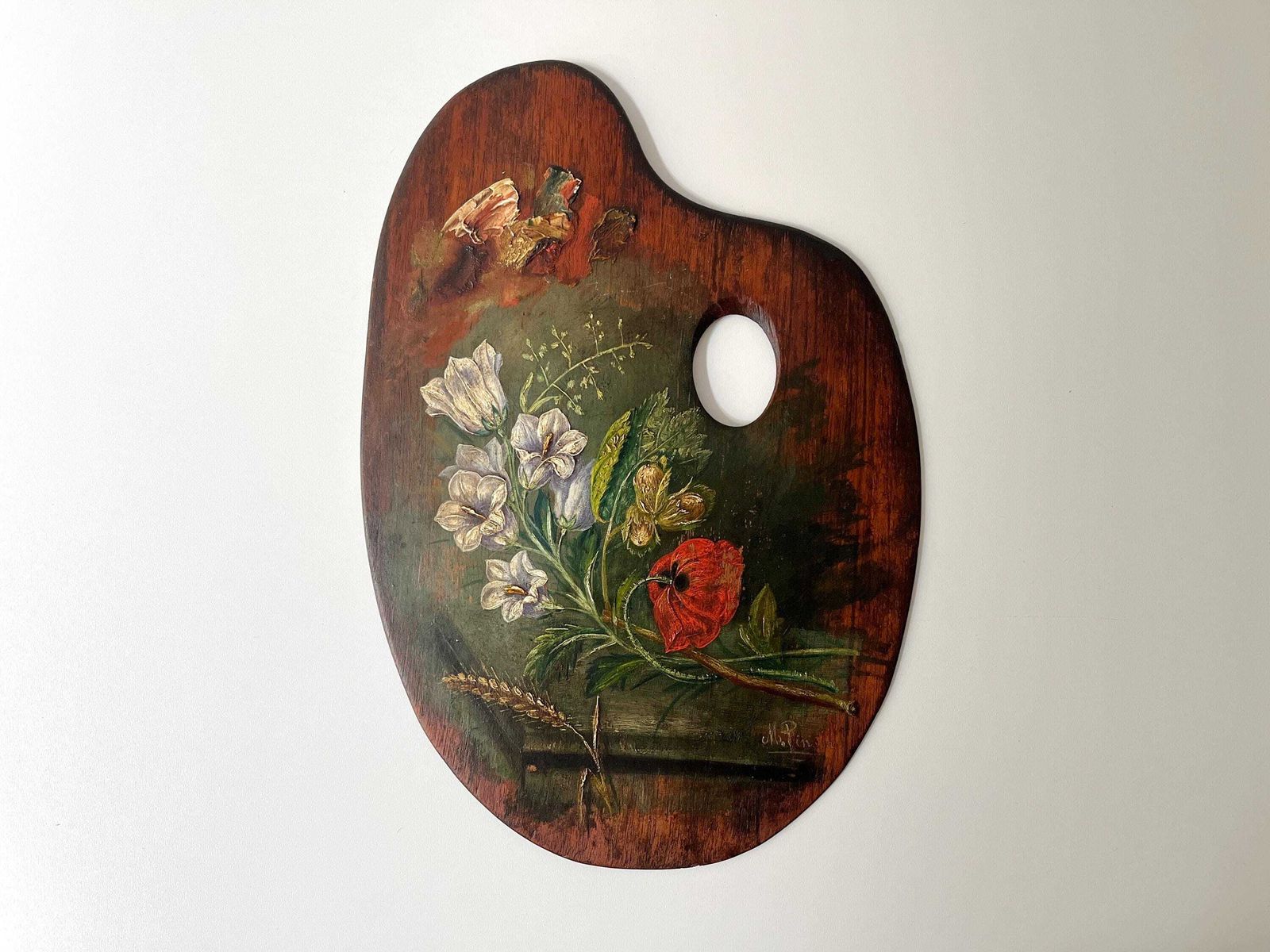 Stilleven In Olieverf Op Schilderspalet, Frans Antiek Bloemstuk, Olieverf Op Houten Paneel, Ca. 1900