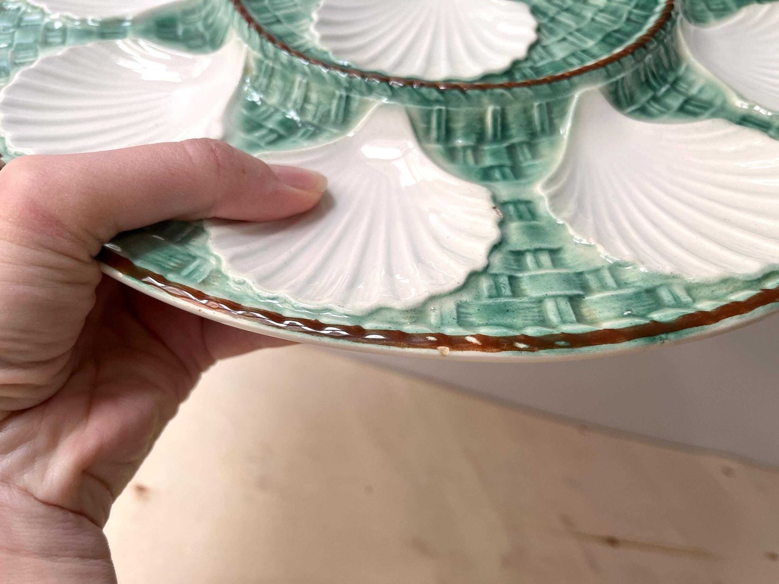 photo furniture French Oyster Dish By Longchamp France 60s, Vintage Green Majolica, Large Seafood Plate