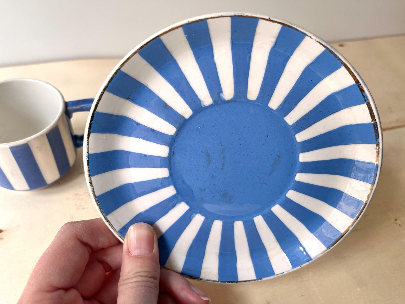 Home Decor French Art Deco Espresso Teacup + Saucer, Fox Trott Sarreguemines France 1930s, Antique Blue Stripes Earthenware Tableware photo