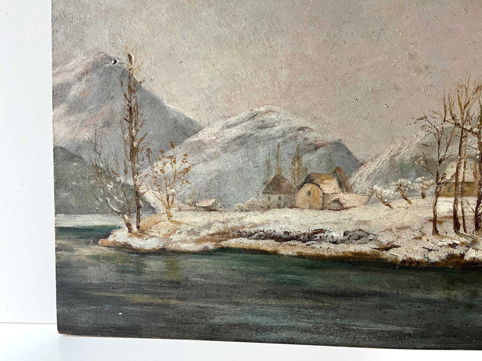 Original 1930's Oil On Panel Of A Village Under The Snow, Ancient Lake And French Winter Landscape photo for sale