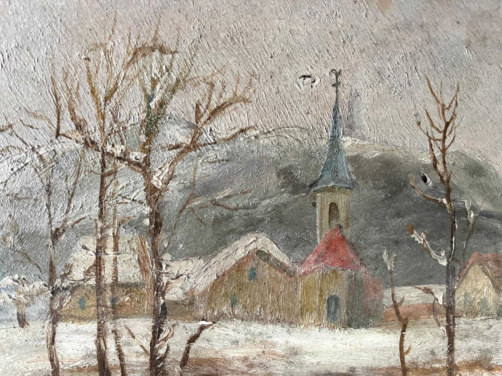 Original 1930's Oil On Panel Of A Village Under The Snow, Ancient Lake And French Winter Landscape photo Art