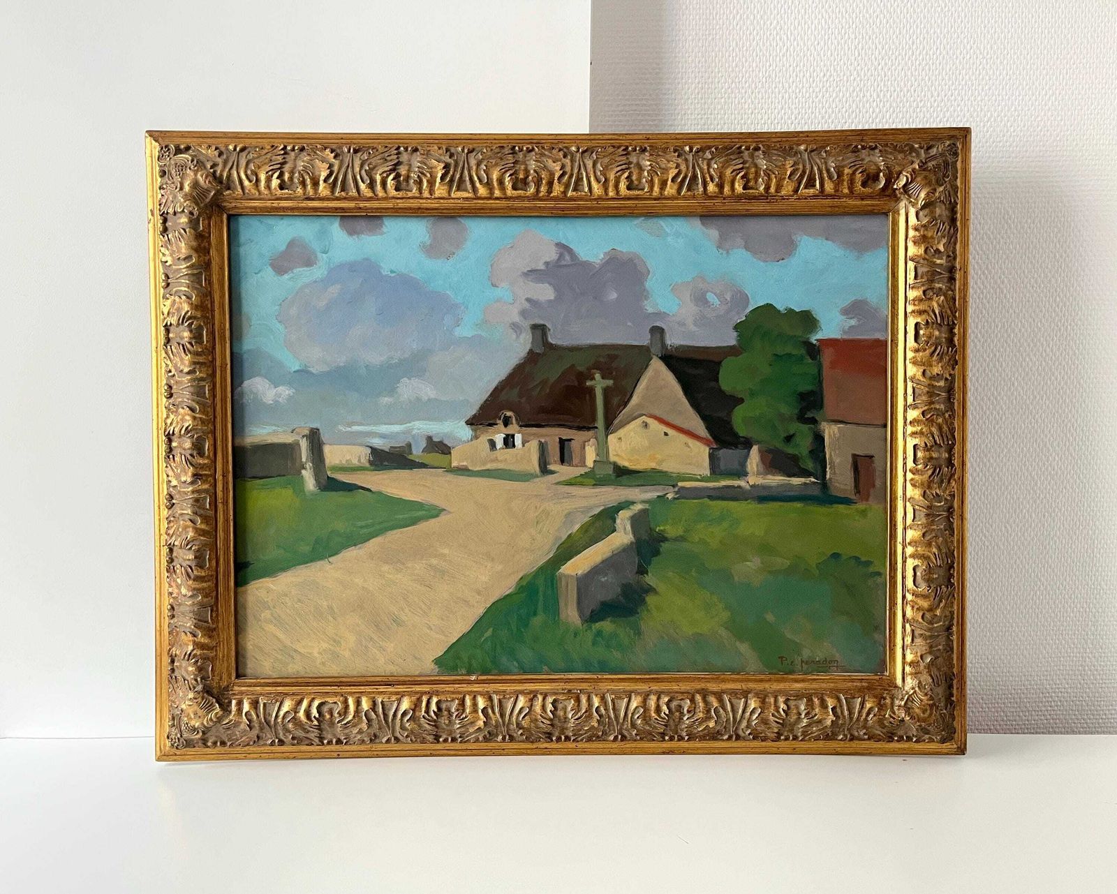 Groot Olieverfschilderij Op Paneel, Franse Bretonse Dorpsgezicht, Ca. Jaren 1950, Ingelijst Landschap