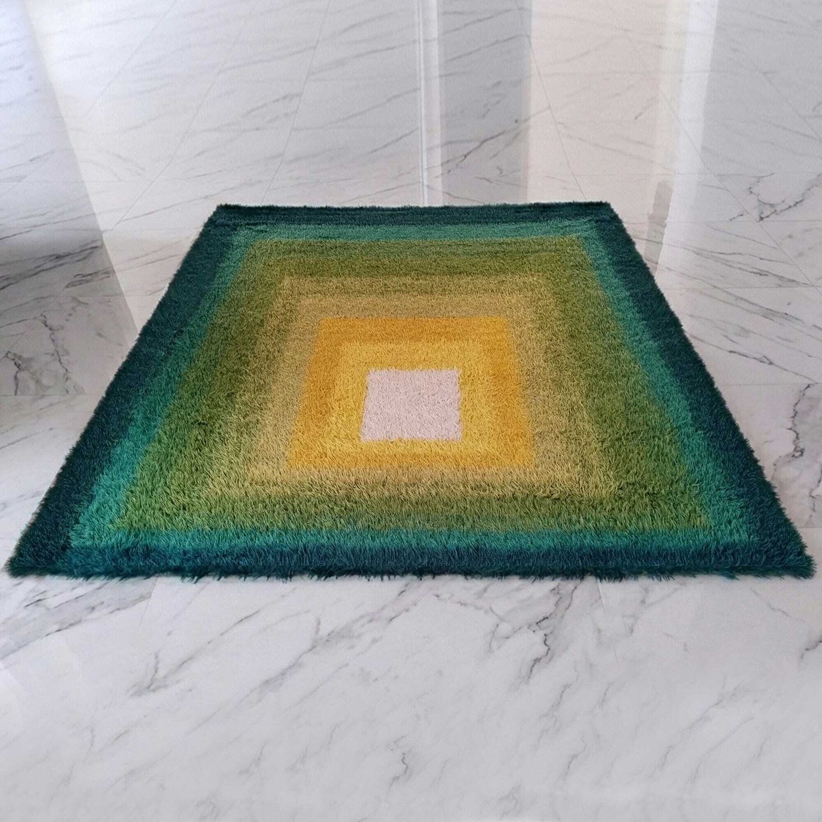 1970s Mid Century Modern "Homage To The Square" Shag Rug – Geometric Op Art Textile / Wall Tapestry photo furniture