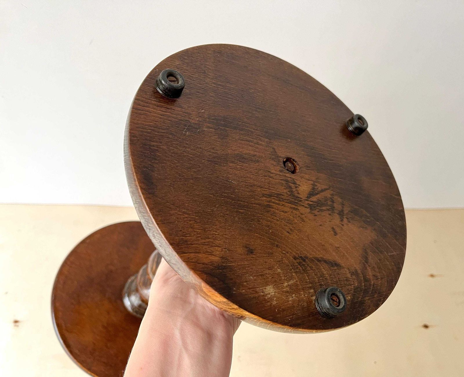 189.0 Midcentury French Turned Wood Pedestal Table, Vintage Twist Bedside Table, Wooden Plant Holder photo