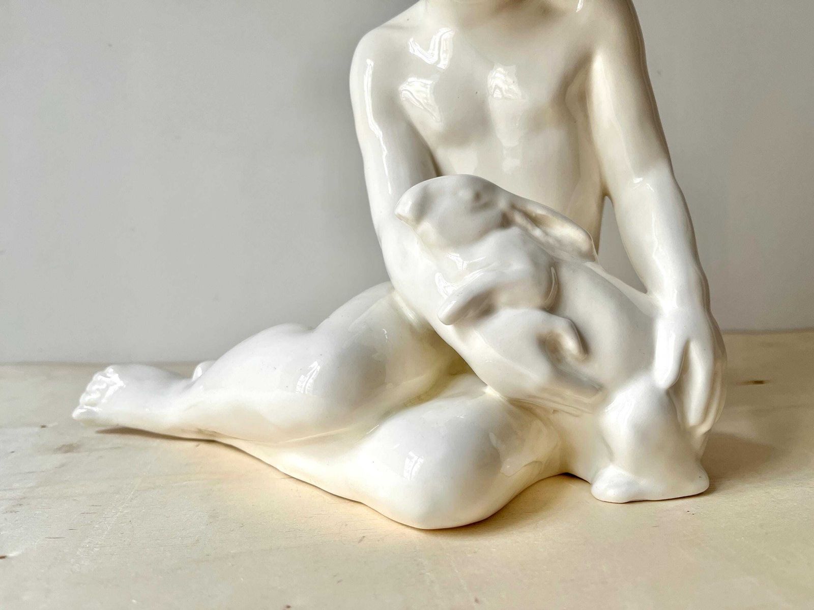 Large Art Deco Sculpture In German Porcelain 'The Child And The Rabbit' By Max Roesler, Original Signed Antique Subject, Fine Bone Statue photo vinterior