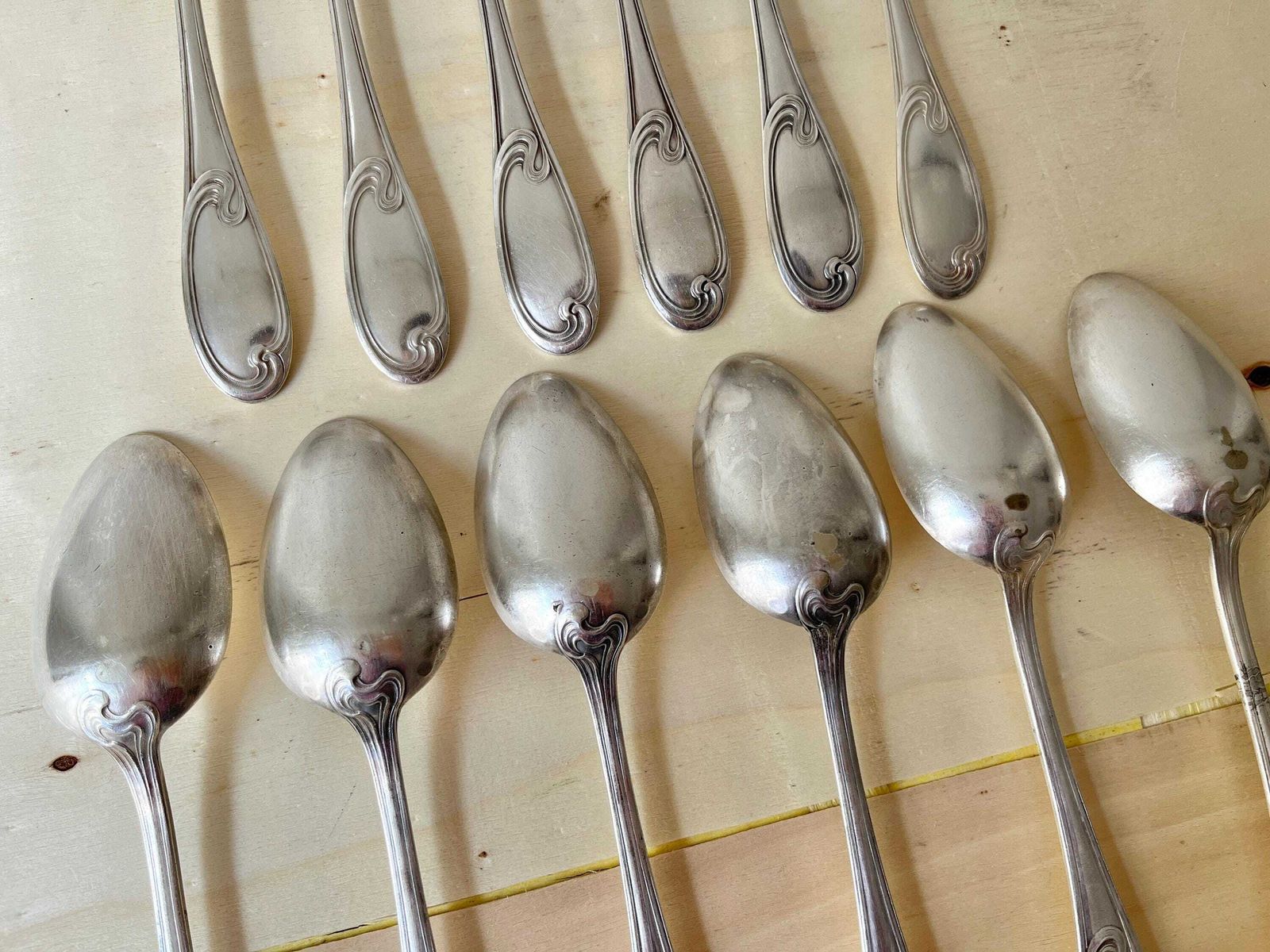 Art Nouveau Cutlery Set Of 12 Pieces In Silver Metal 1900's, Antique French Tableware By "A La Gerbe D'or" photo buy