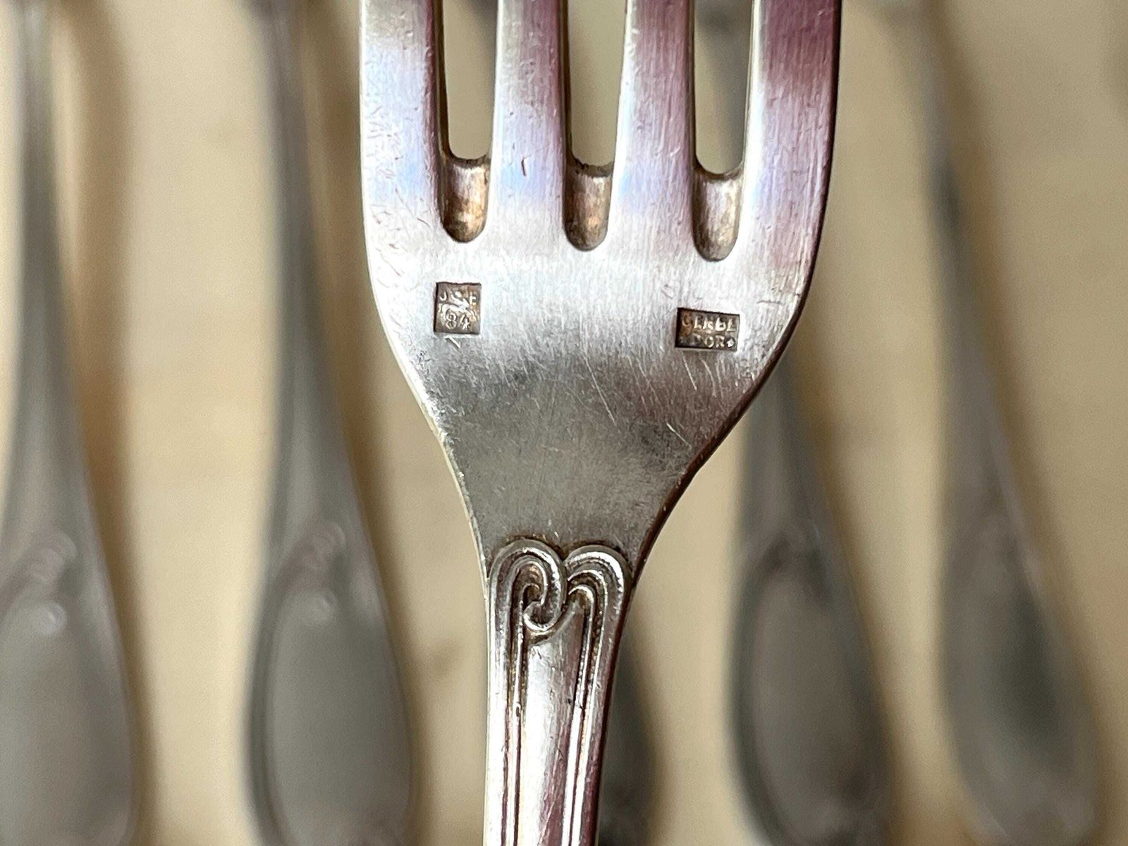 Art Nouveau Cutlery Set Of 12 Pieces In Silver Metal 1900's, Antique French Tableware By "A La Gerbe D'or" photo vintage