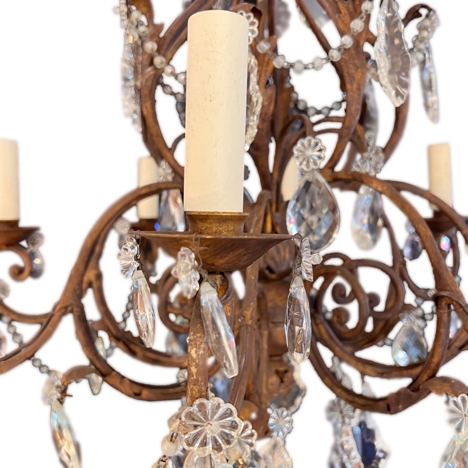 French Chandelier, Decorative, Metal And Glass With Eight Arms, 1920s photo vintage