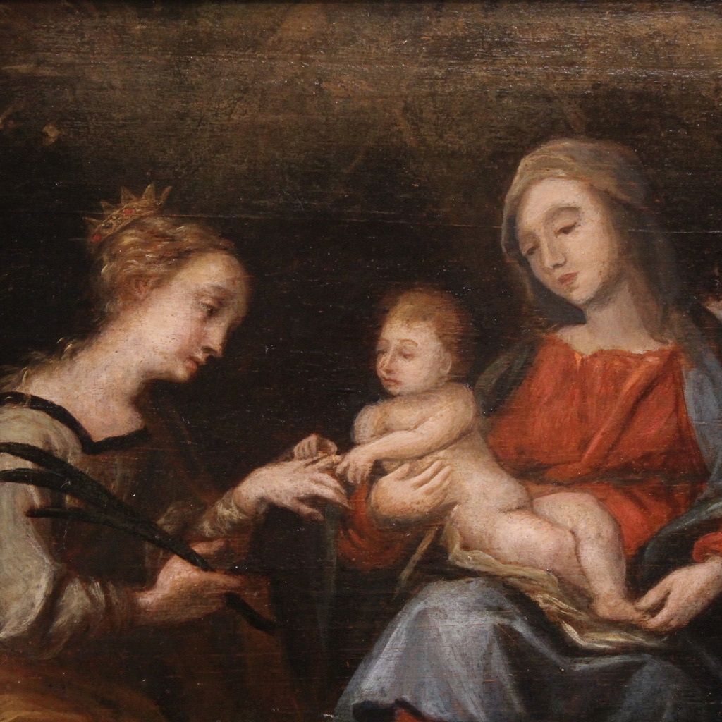 Antique 17th Century Painting On Panel, Mystical Marriage Of Saint Catherine Of Alexandria photo furniture