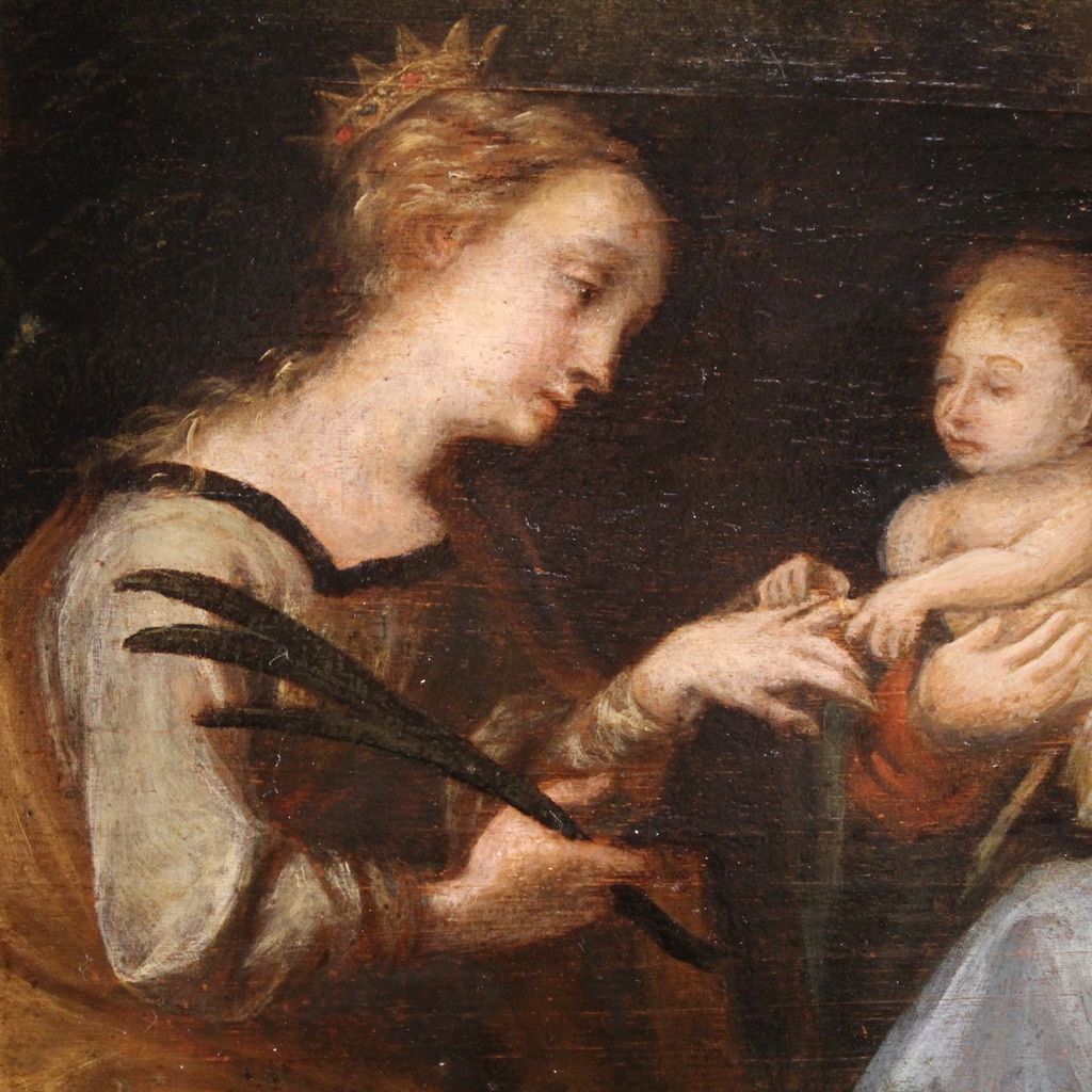 Antique 17th Century Painting On Panel, Mystical Marriage Of Saint Catherine Of Alexandria photo vinterior