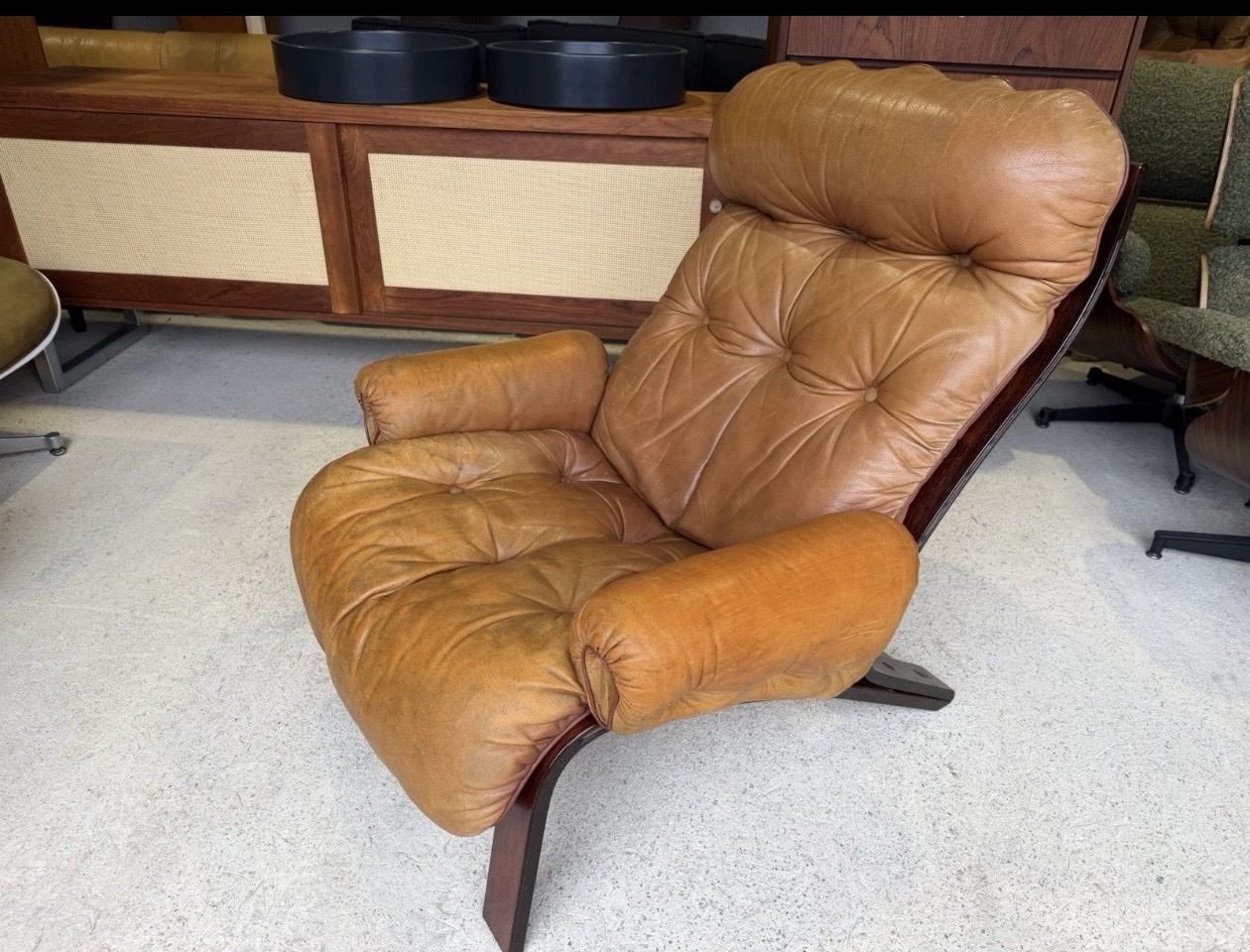 Mid Century Norwegian Tan Leather Lounge Chair By Oddvin Rykken photo furniture