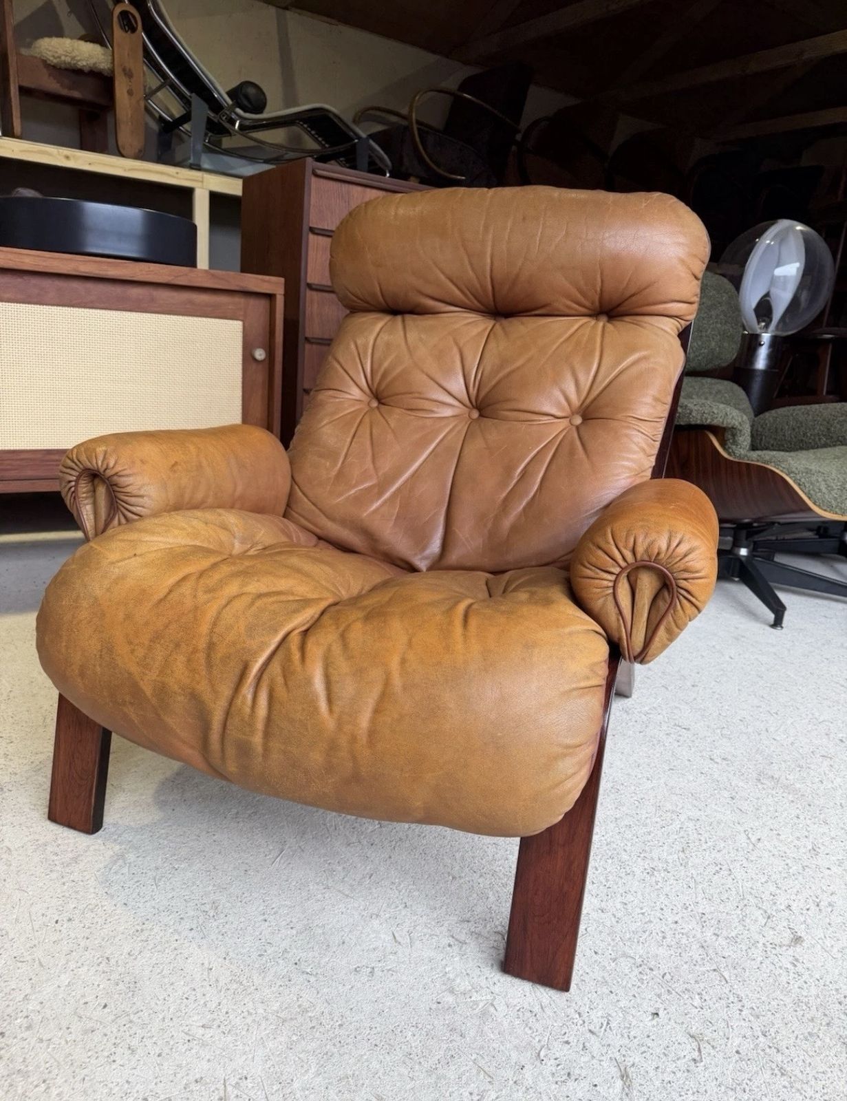 Mid Century Norwegian Tan Leather Lounge Chair By Oddvin Rykken photo Furniture