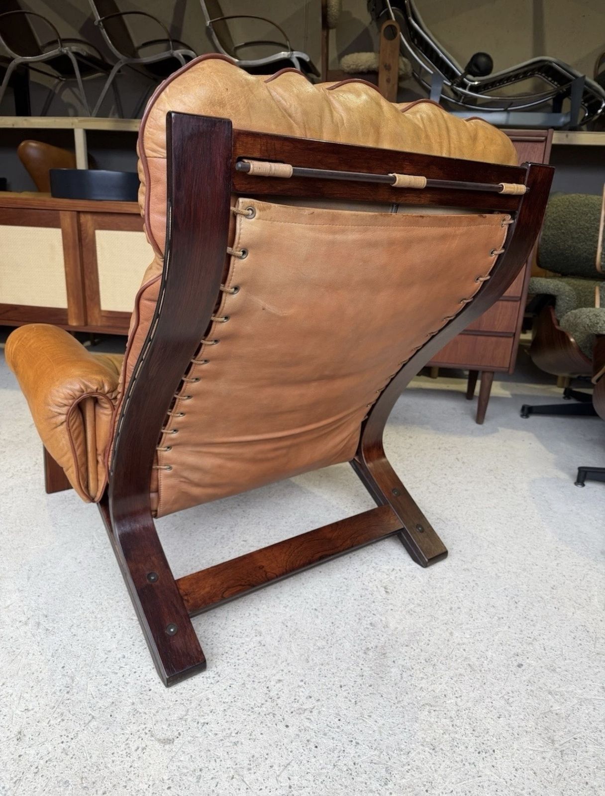 photo for sale Mid Century Norwegian Tan Leather Lounge Chair By Oddvin Rykken