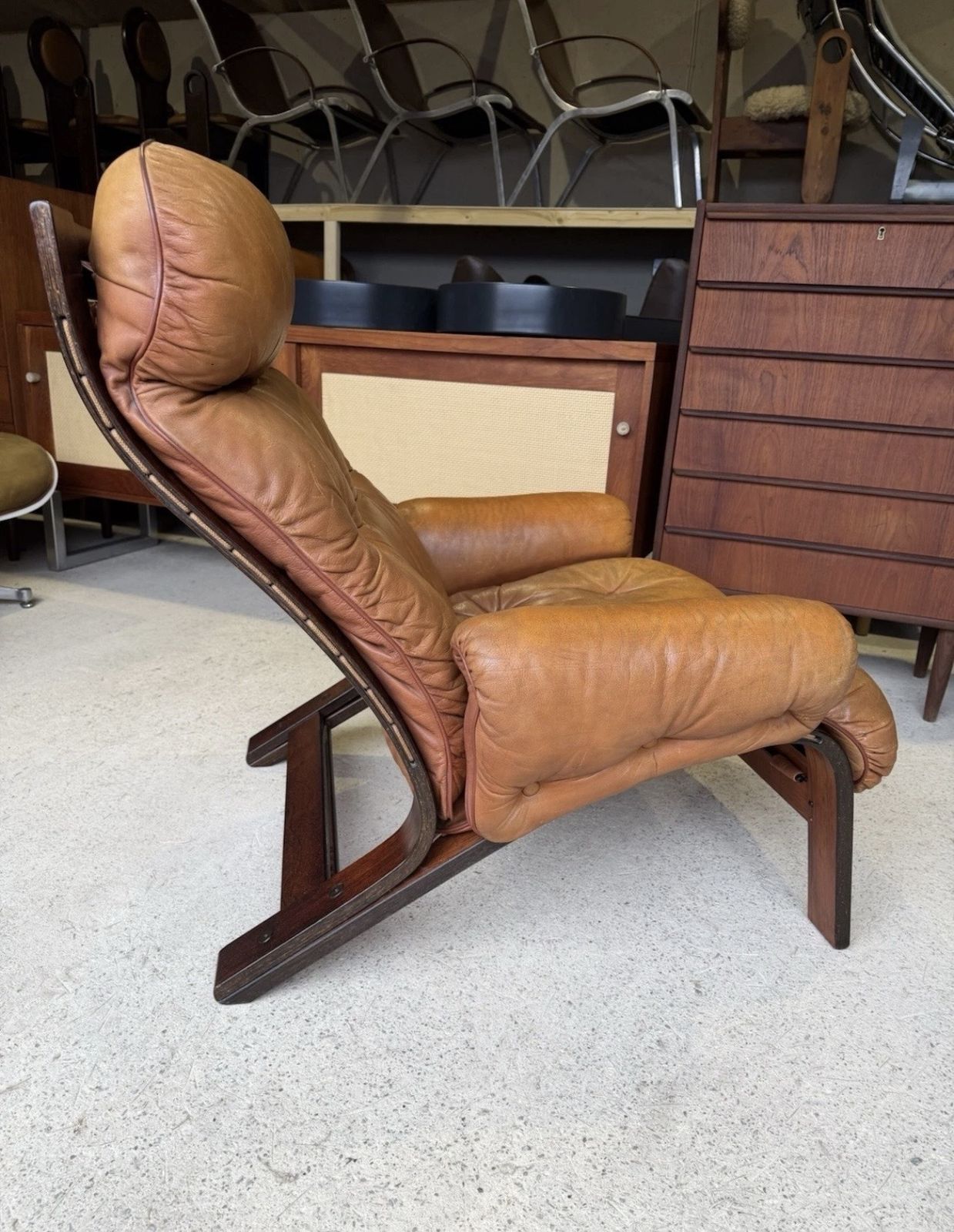 1085.0 Mid Century Norwegian Tan Leather Lounge Chair By Oddvin Rykken photo
