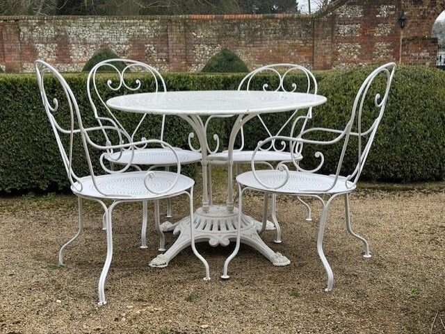 Set Of White Cast Iron Circular French Garden Table & Four Matching Chairs