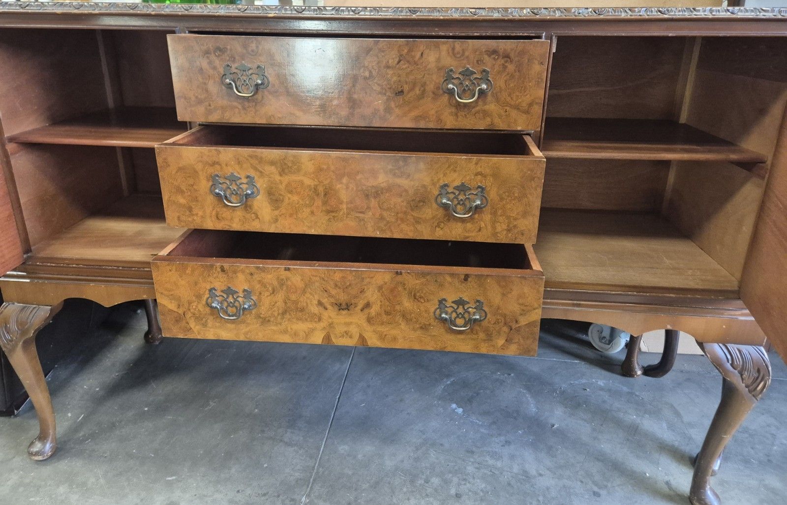 Archie Shine 1930s Queen Anne Style Burr Walnut Sideboard photo furniture