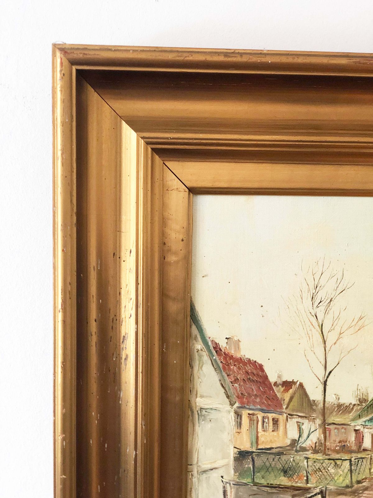 Vintage Large Original Oil Painting Of A European Village With Cottages, C. 1940 photo 400.0