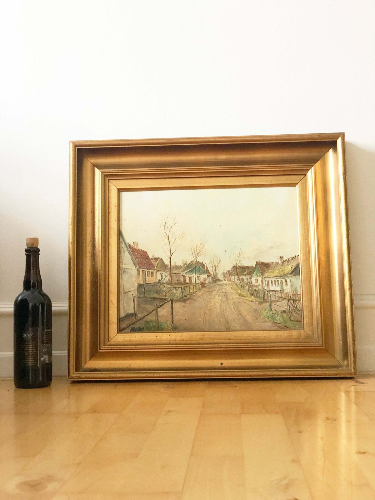 photo furniture Vintage Large Original Oil Painting Of A European Village With Cottages, C. 1940