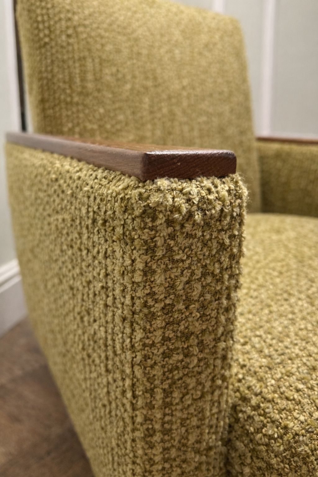 photo furniture Pair Of 1960s Scandinavian Modern Lounge Armchairs In Moss Green Bouclé And Teak