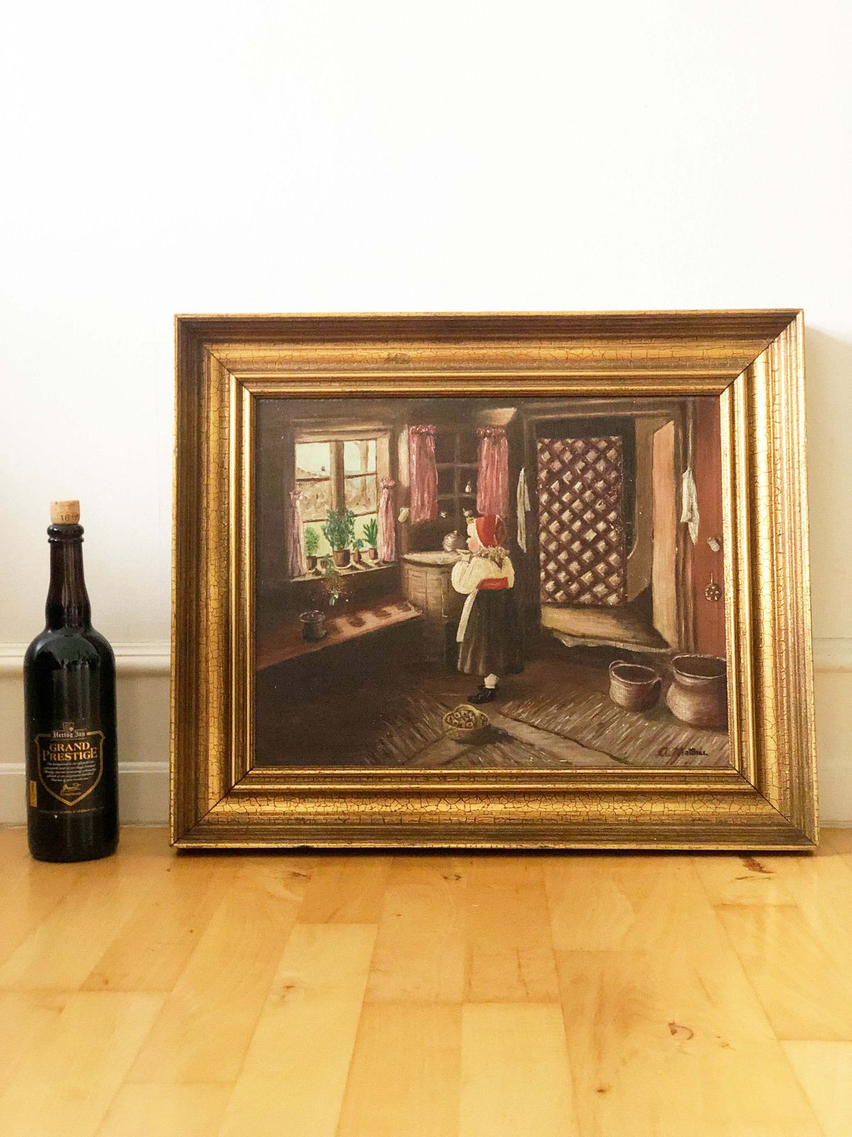 photo furniture Vintage Olieverfschilderij Van Een Meisje In Een Boereninterieur, Ca. 1940