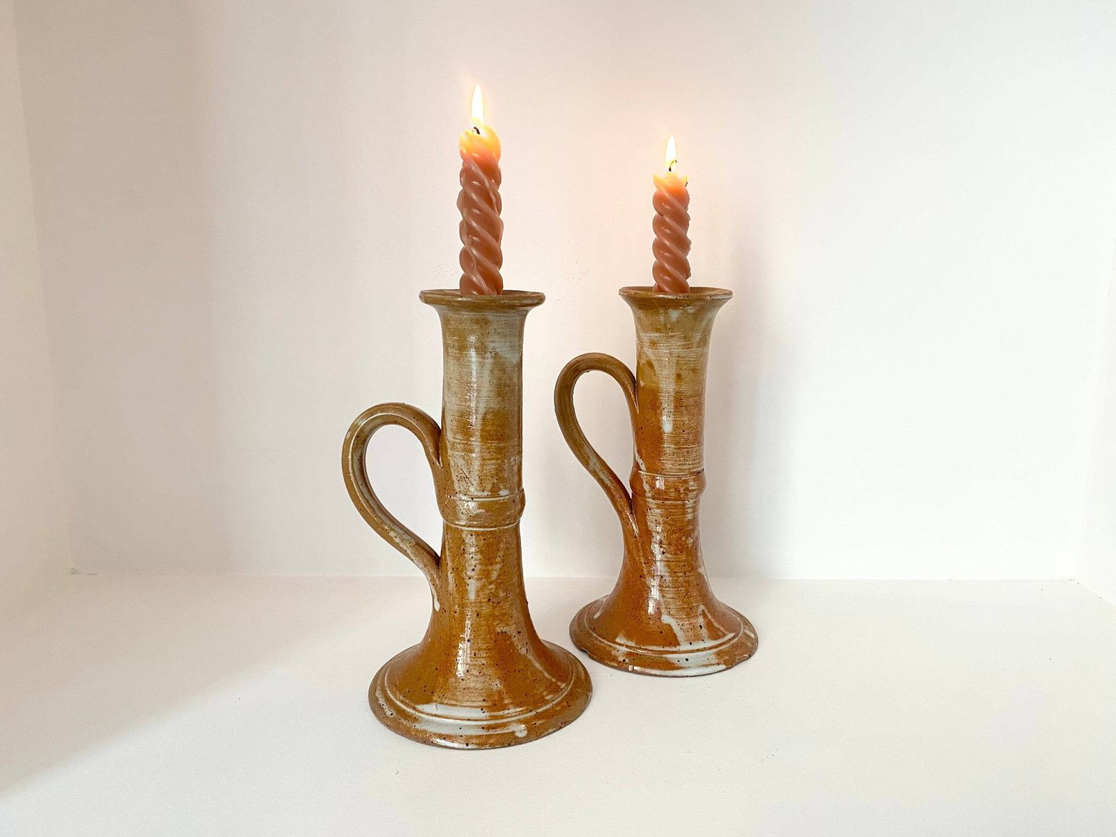 Set Of 2 Glazed Stoneware Candlesticks 60s, Vintage Stoneware Pottery