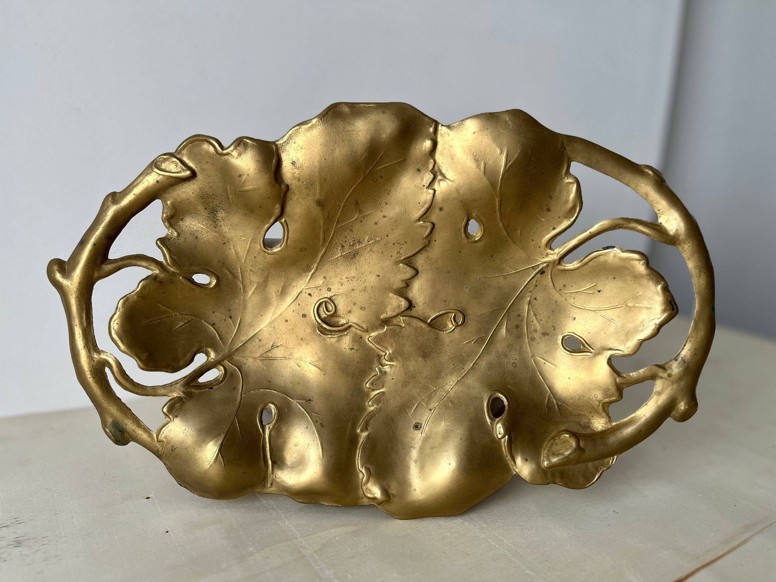 Vine Leaves Bronze Trinket Bowl, Art Nouveau Dish, French Bronze Plate photo furniture