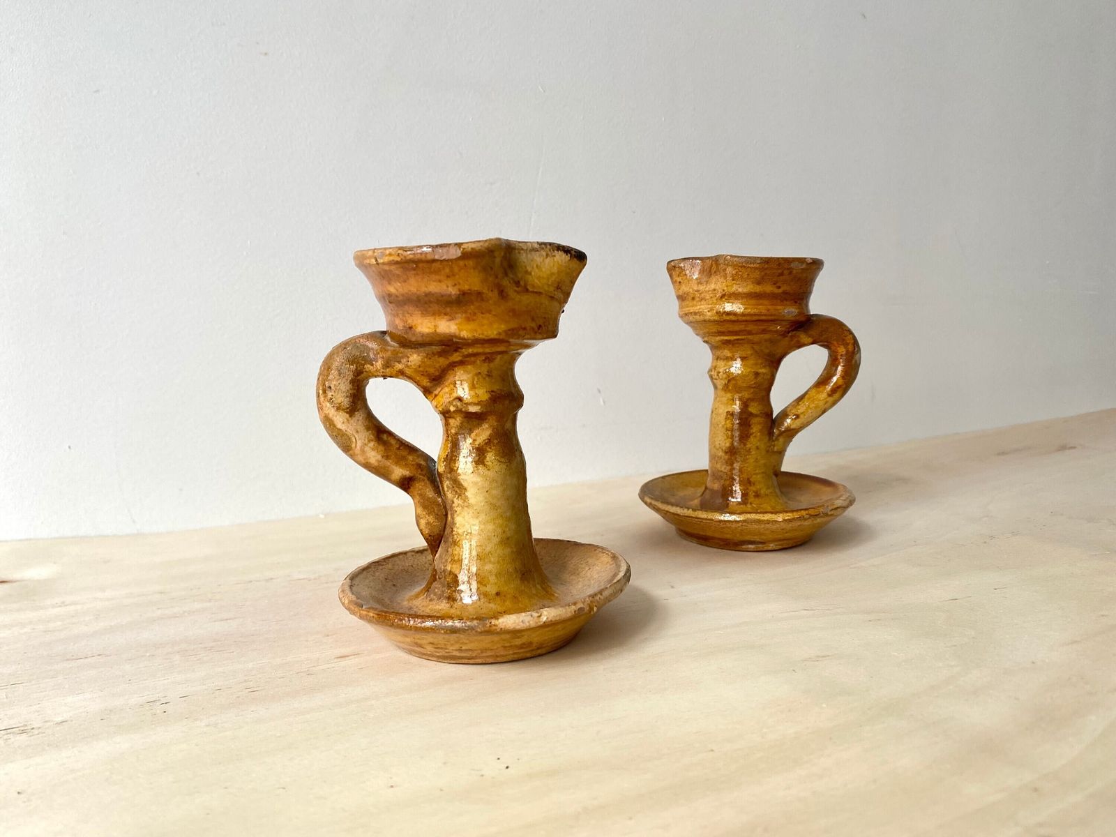 Pair Of 60s Glazed Stoneware Candlesticks, Vintage Stoneware Pottery
