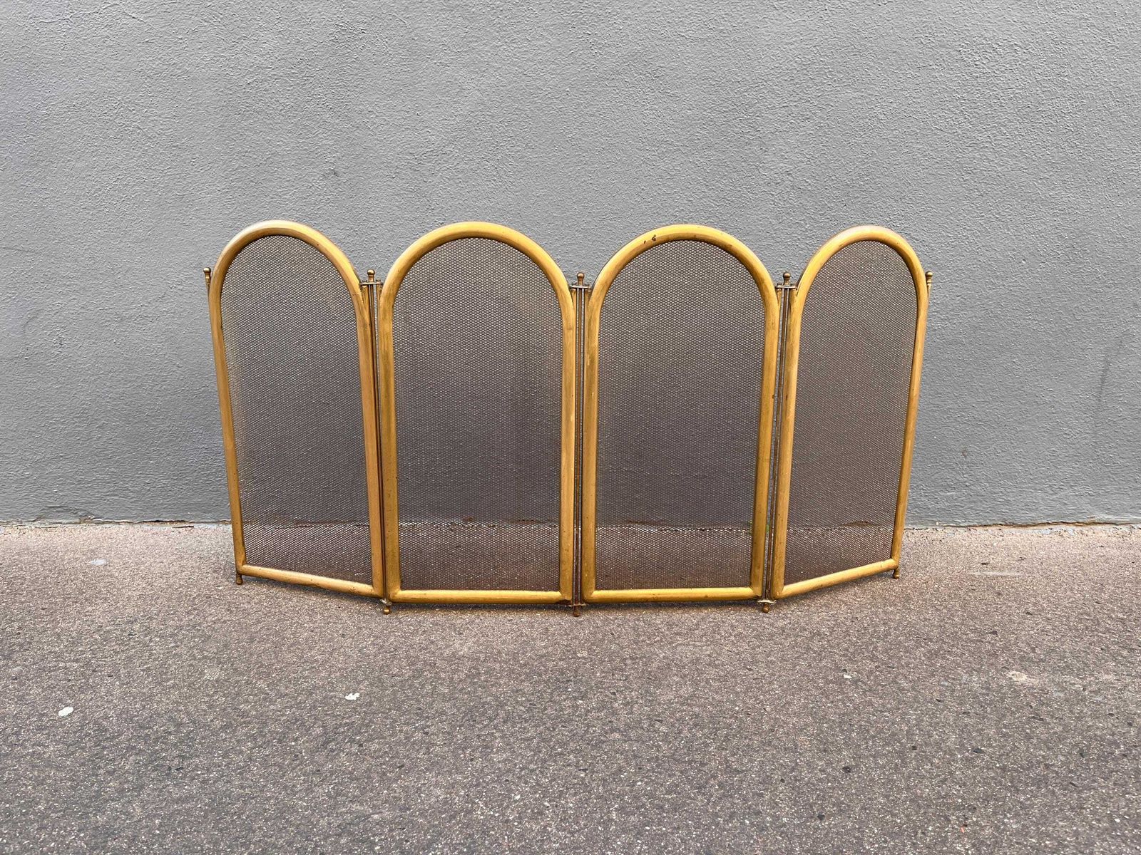 French Antique Brass Fireplace Screen 40 X 20 Inches, 4 Flap 1920's Fire Screen