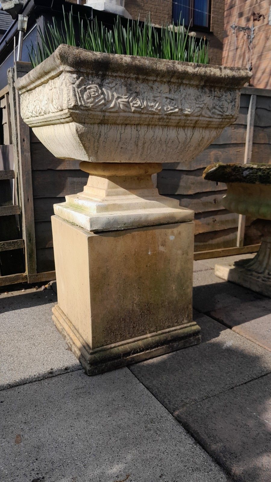 Vintage Large Weathered Cast Stone Planter On Base Gargen Feature Plant Pot