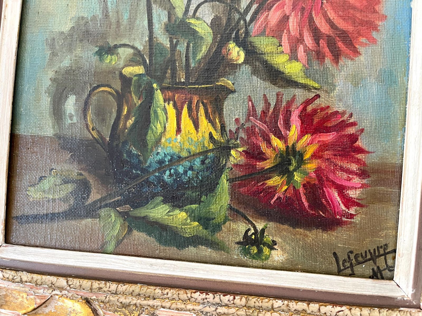 Set Of 2 French Still Lives Oil On Canvas 1939's, Antique Pair Of Bouquets Of Flowers Signed By Lefeuvre, Original Framed Painting photo buy