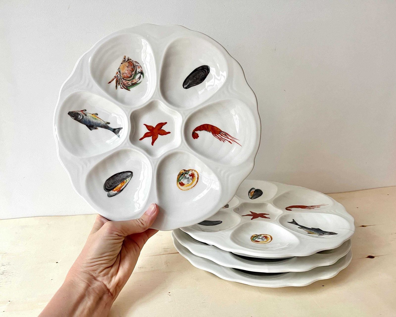 Set Of 4 Oyster Plates + 2 Dishes Made In France From 70s, Vintage Porcelain Seafood Dishes