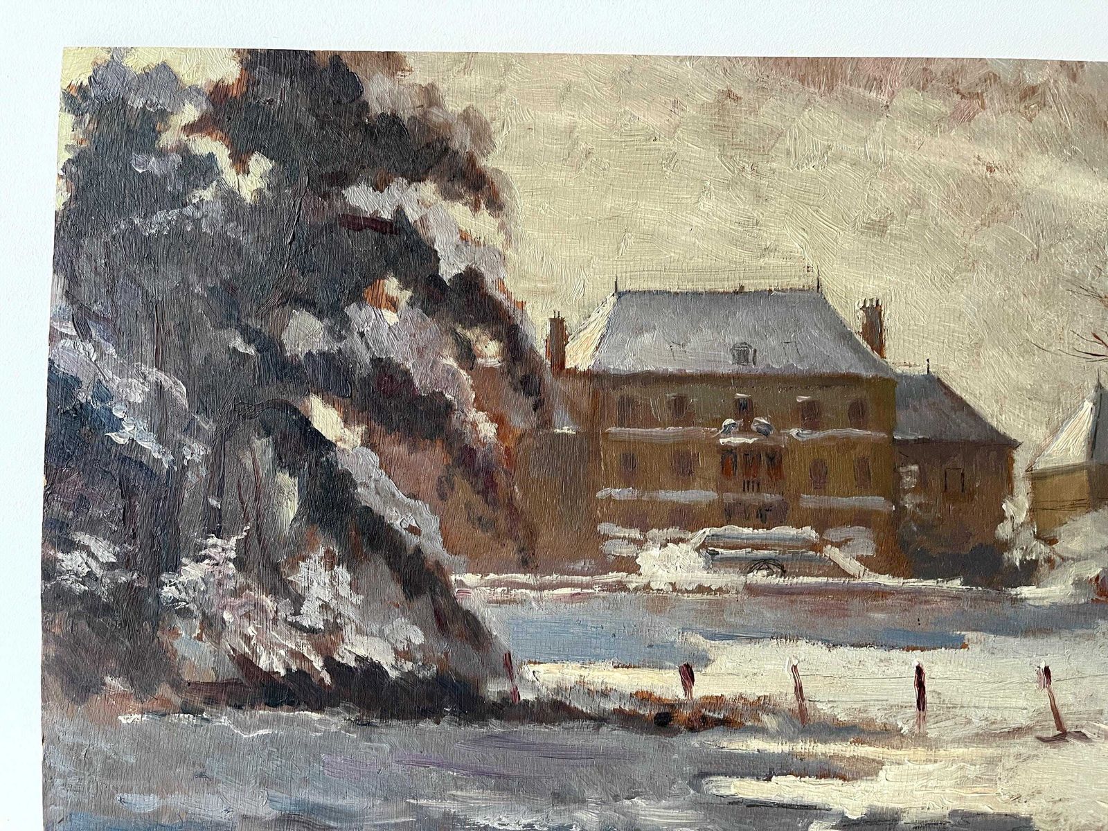 Original 1937's Snowy Rural Landscape "French Castle Under The Snow", Antique French Winter Painting photo for sale