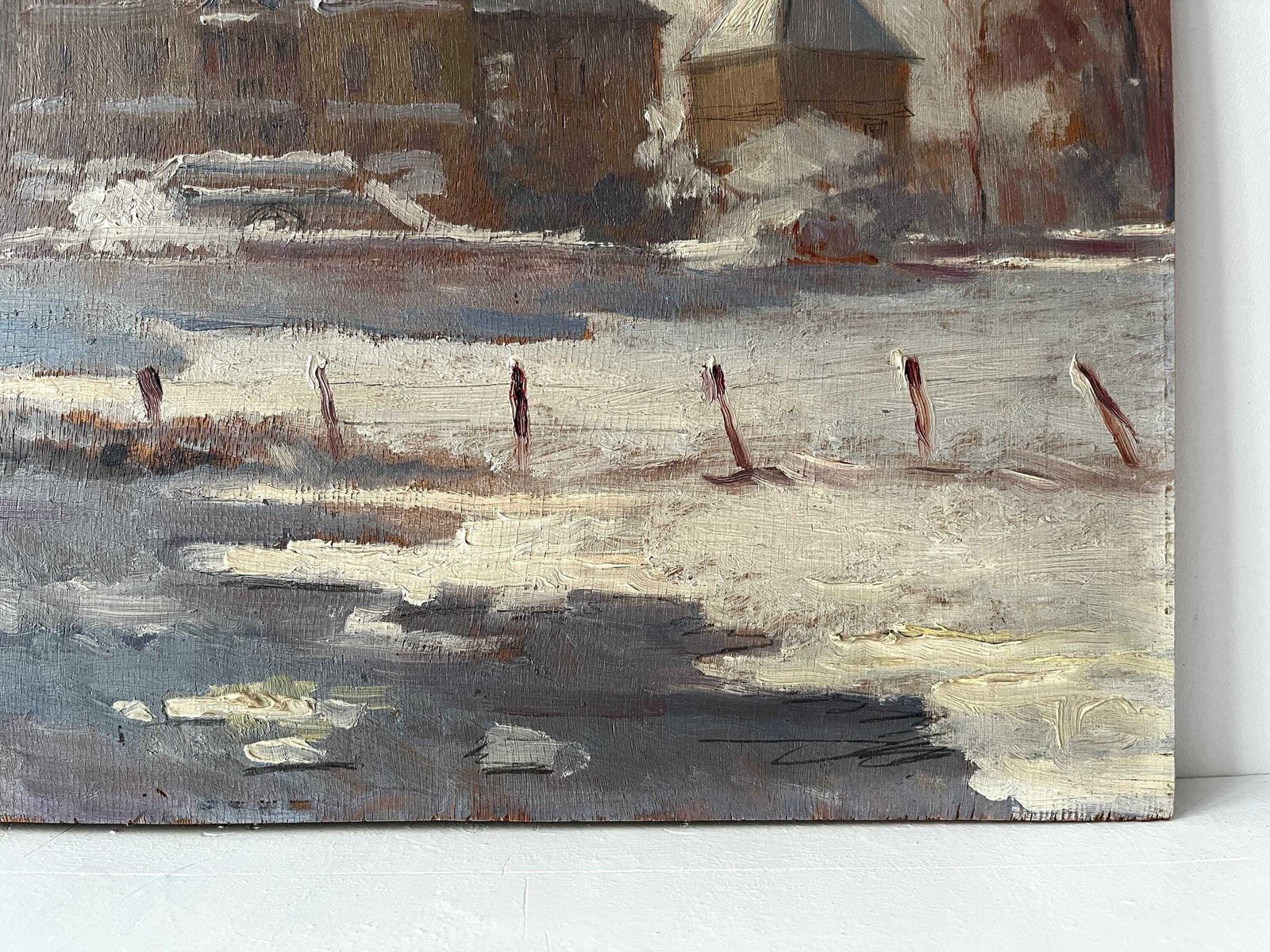 Original 1937's Snowy Rural Landscape "French Castle Under The Snow", Antique French Winter Painting photo Art