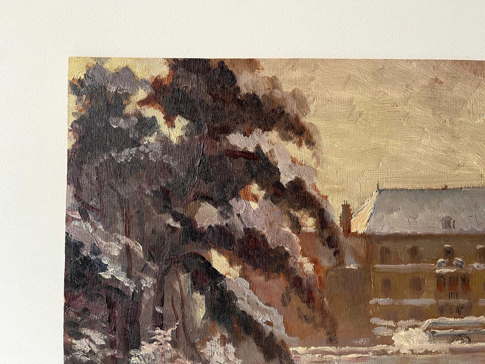 photo for sale Original 1937's Snowy Rural Landscape "French Castle Under The Snow", Antique French Winter Painting