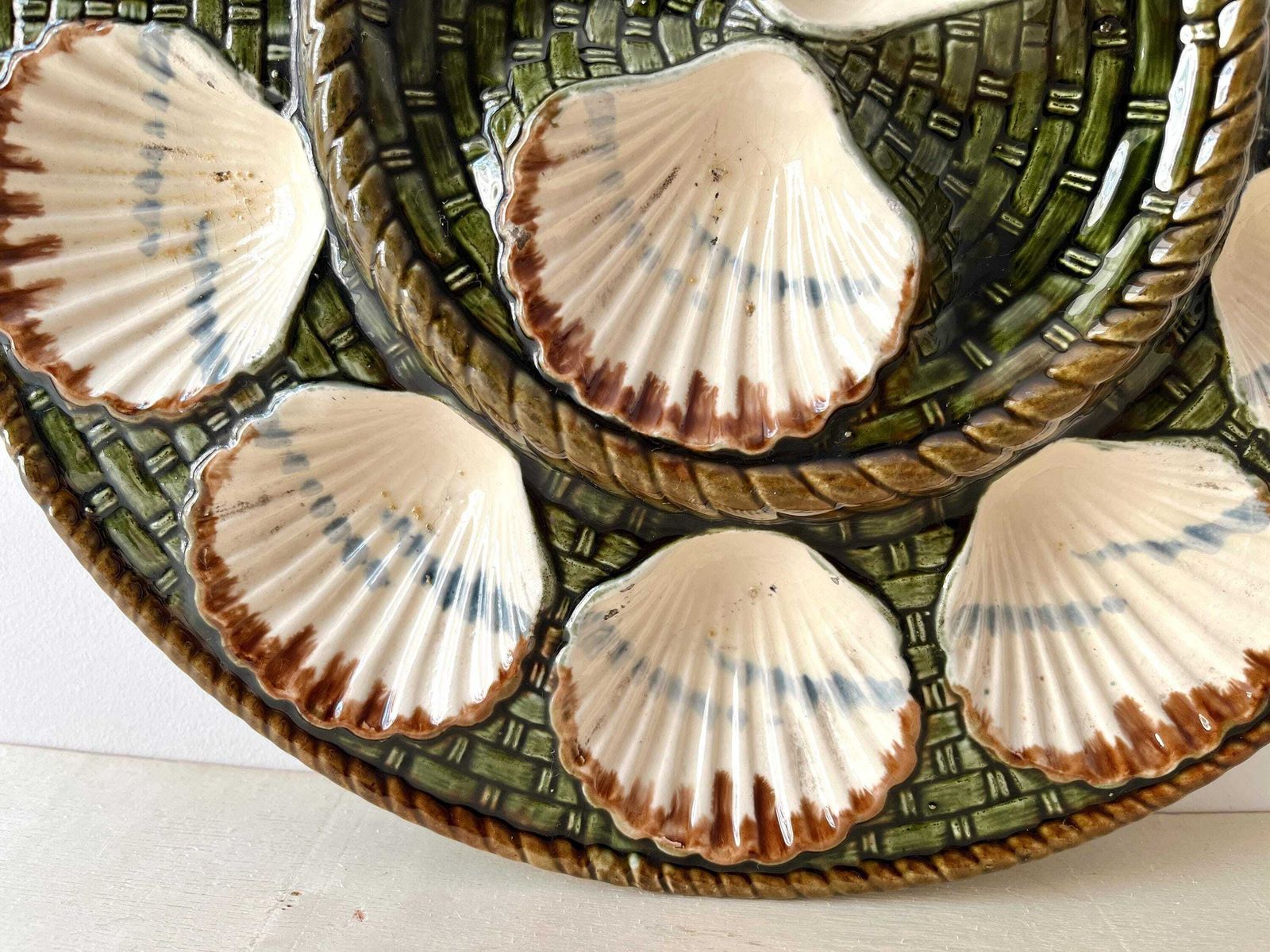 Large Antique Majolica Oyster Dish Signed Longchamp France, 19th Century Ironstone Seafood Platter photo for sale