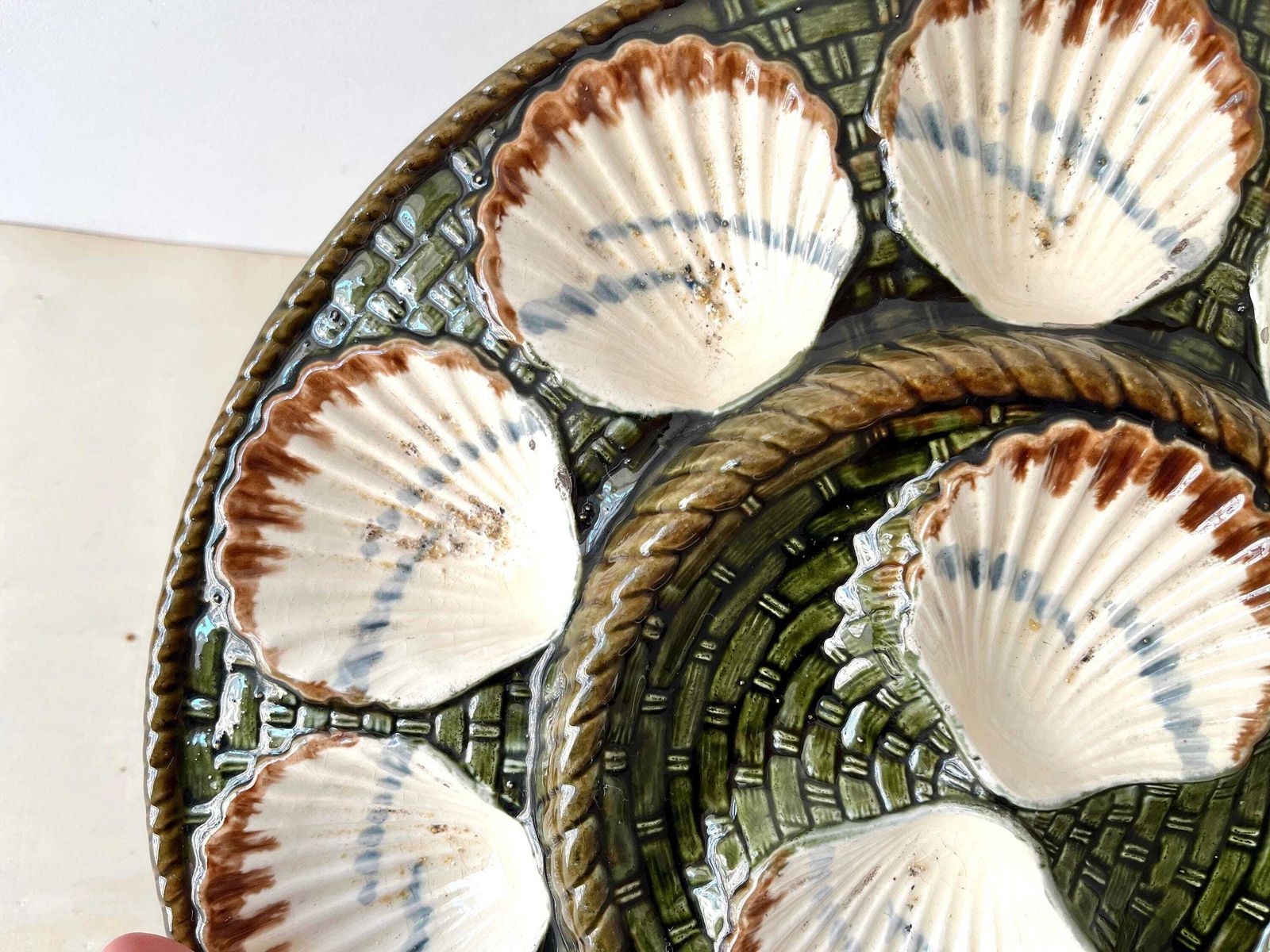 Large Antique Majolica Oyster Dish Signed Longchamp France, 19th Century Ironstone Seafood Platter photo buy