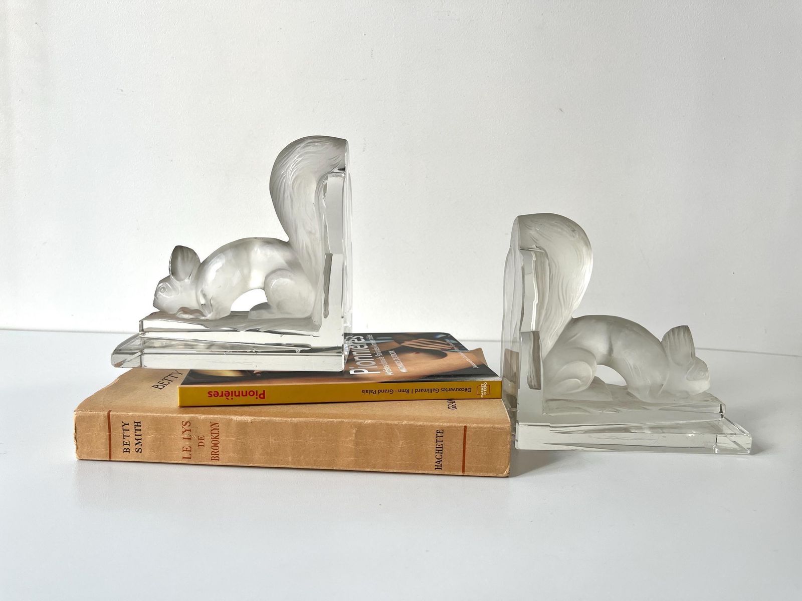 Antique Pair Of 1930s Squirrel Bookends Signed H.Hoffmann, Czech Frosted And Clear Glass Paperweights photo for sale