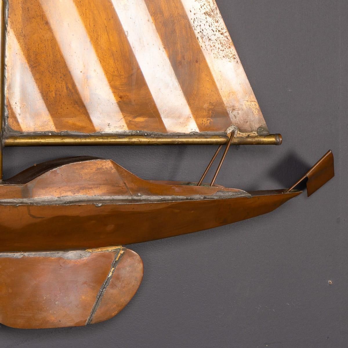 Vintage 20th Century Wall Hanging Copper Sculpture Of A Racing Yacht C.1960 photo buy