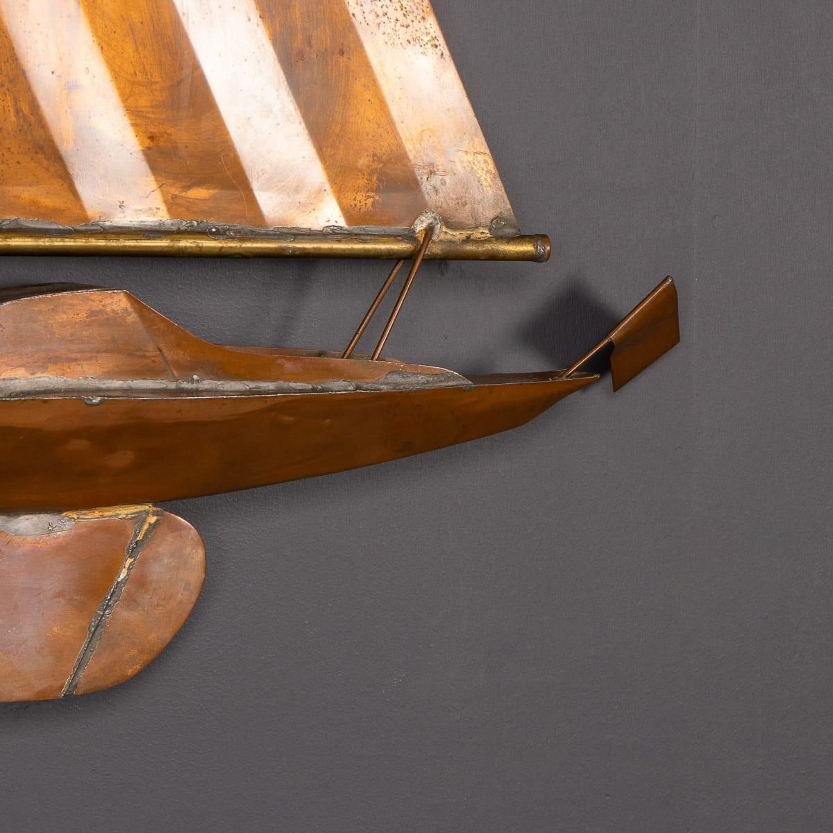 Vintage 20th Century Wall Hanging Copper Sculpture Of A Racing Yacht C.1960 photo vintage
