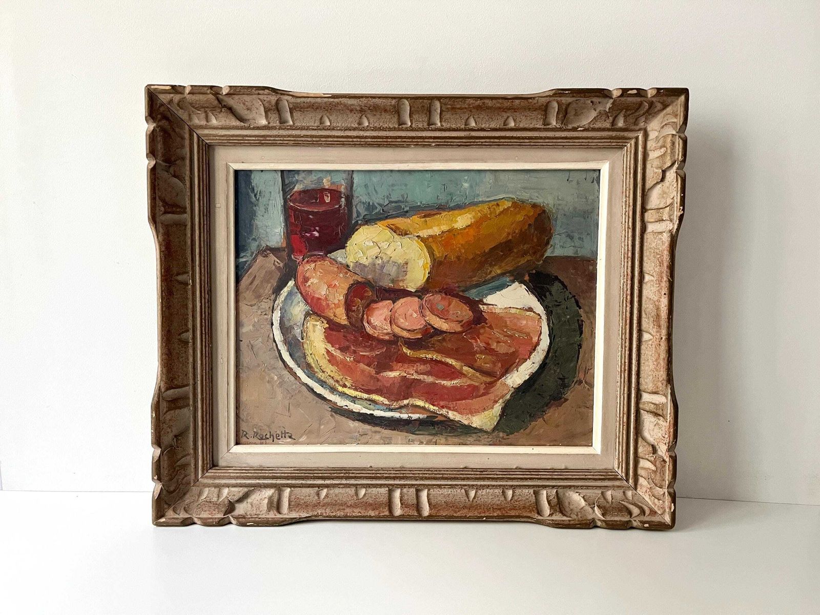 Original Vintage Still Life "The French Meal" 1940s, Midcentury Framed And Signed Painting, Kitchen Decor